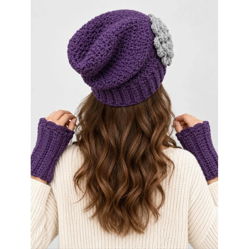 NWOT Handmade Women's Purple Knit Beanie Hat & Wrist Warmers Set, Gray Flower